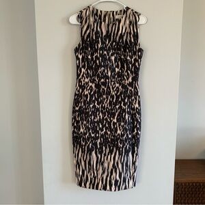 Calvin Klein Scuba Sheath Dress Leopard Print Black Cream Sleeveless Size 6